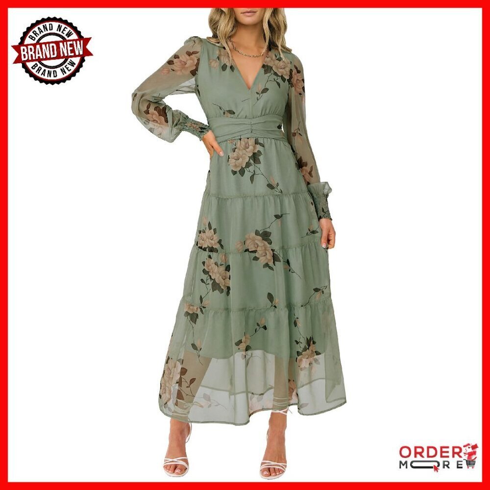 Long Sleeve Maxi Dress V Neck Chiffon Flowy Boho A-Line Wedding Guest